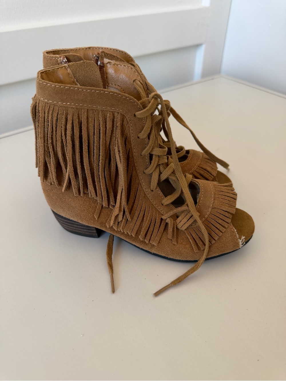 Joy Folie Fringe Kids Lace-Up Open Toe Booties - Tan Suede